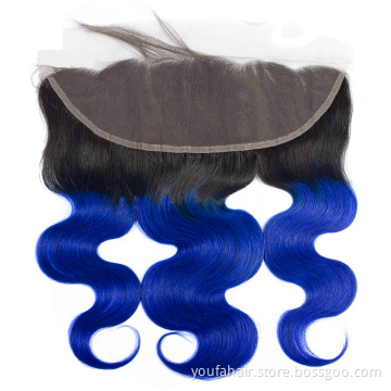 10A Human Brazilian Virgin Hair 13x4 HD Lace Front Ombre 2 Tone Pre Colored Body Wave 1b/Blue Swiss Lace Frontal with Closure
